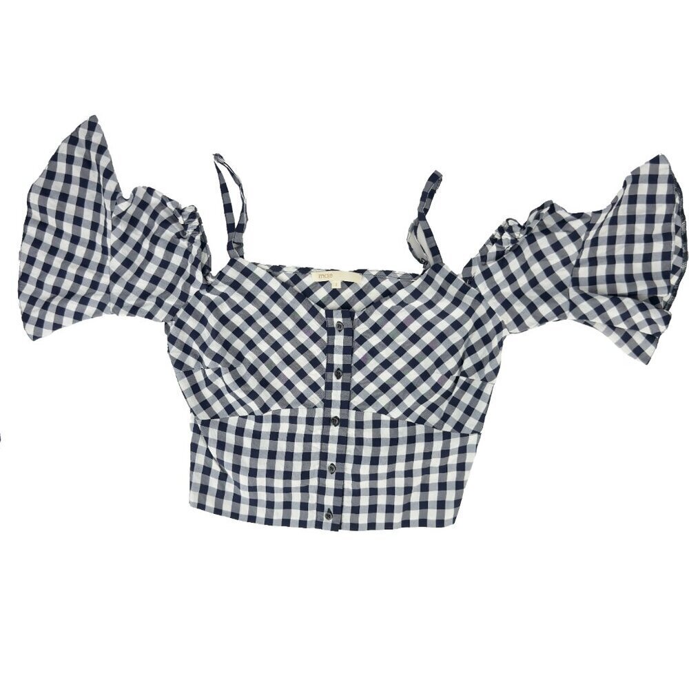 MAJE Lapri Gingham Cropped Off Shoulder Checkered Black White Top sz 1 /‎ S